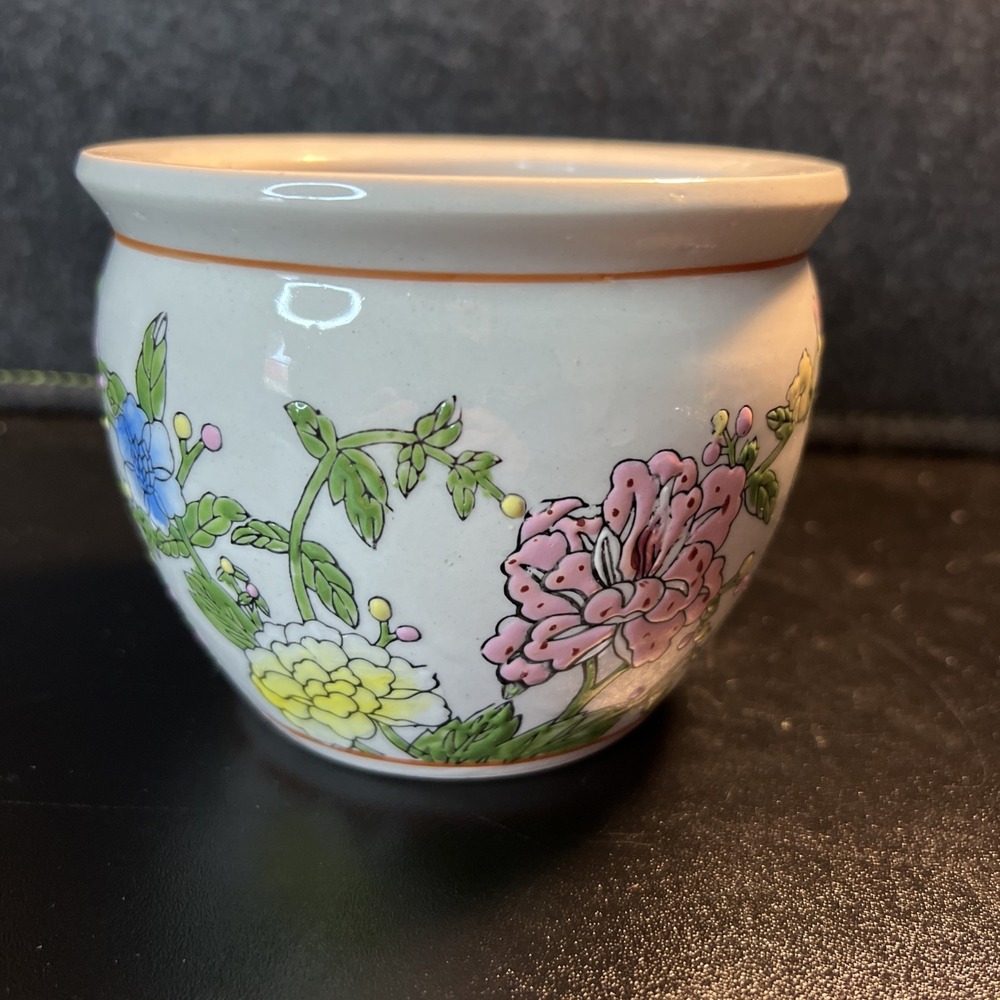Koi Fish Bowl Jardiniere Planter Multicolor Floral‎ Porcelaine